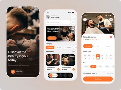Barber Booking App – Modern Grooming Service Mobile UI app design barber beauty booking dashboard design figma haircut hairdresser hairstyle ios mobile app online product design salon shop ui ux