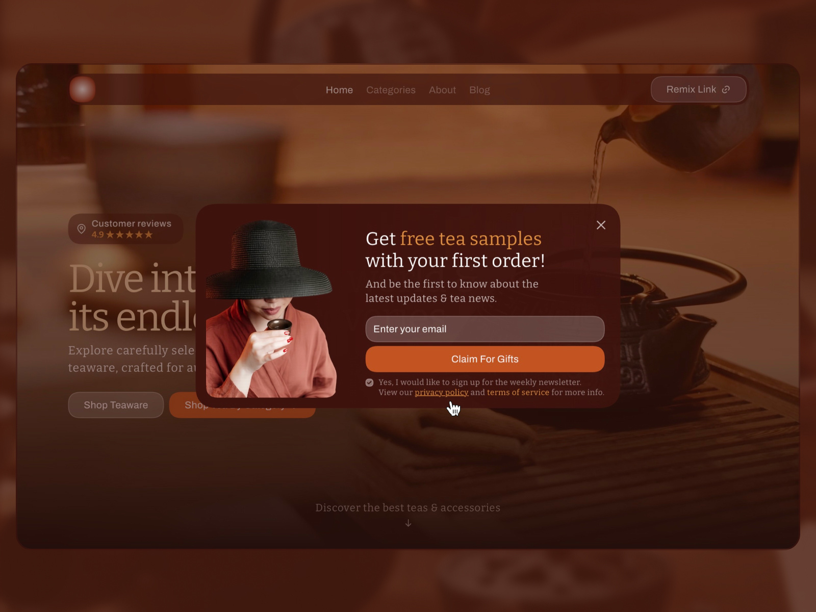Modal Popup | Overlay Effect | E-commerce UI | Built in Framer appear effect brand identity branding ecommerce form framer framer convert hero interaction landing landing page modal overlay popup teashop typography ui ux video visual design web design