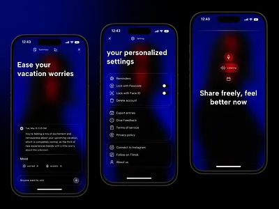 AI Mood Journal – Voice Therapy Mobile App UI ai aiapp chatbot glassmorphism journaling mentalhealth minimalu modernui moodtracke nterface productdesign productivity selfcare therapyapp voiceassistant voiceu wellbeing