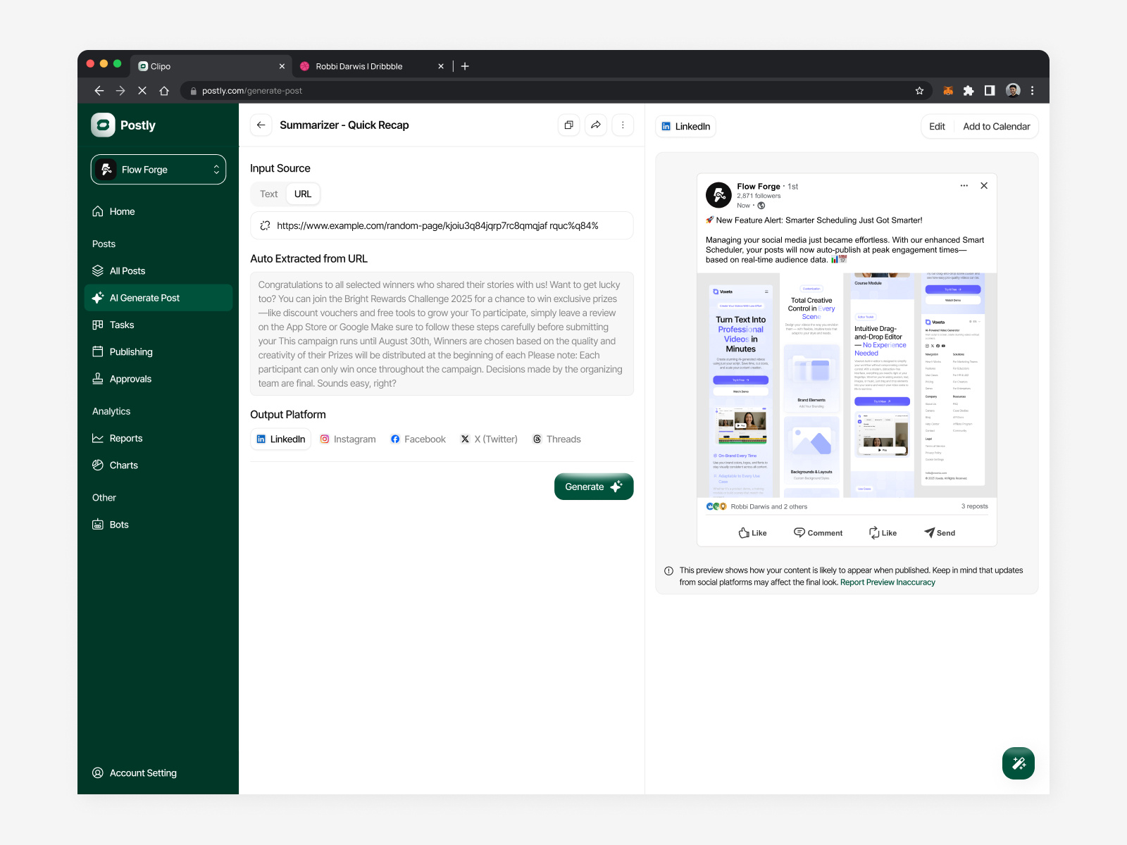 Postly - Social Media Management Webapp (Generate Post with AI) ai generate ai marketing tool ai social media manager auto flow campaign management chatbot chatbot automation competitor analysis dashboard generate post post performance post scheduler profile insight profile performance redesign saas social media management social media planner tag performance webapp