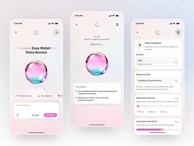 AI Voice Interaction — Smart Assistant Mobile UI 3d ai ai app ai assistant ai interface ai voice ai voice interaction ai wallet app chatbot ui design fintech fintech app glassmorphism softui startup ui voice ai voice assistant web