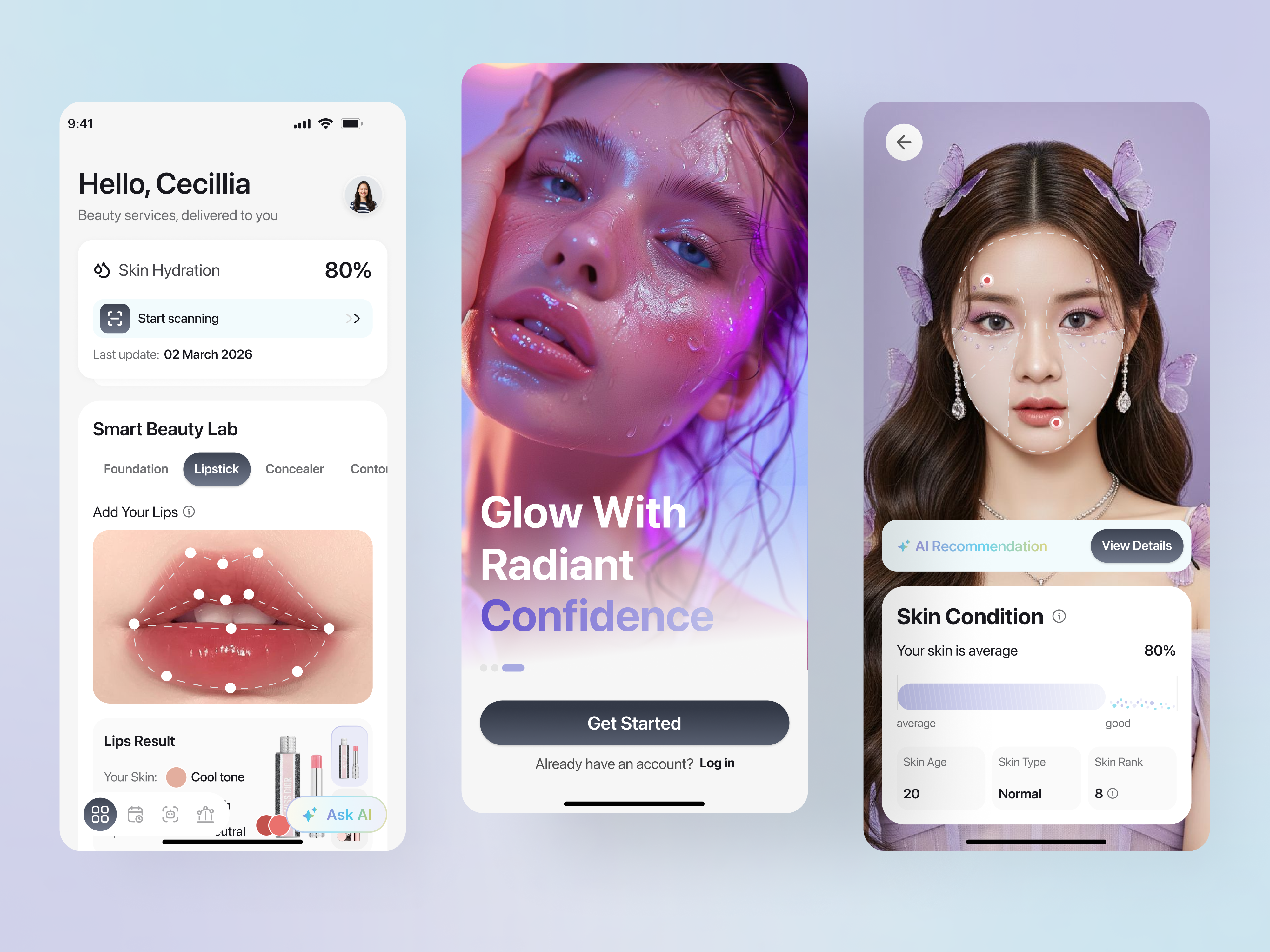 AI-Powered Beauty Mobile ai powered app ai skin scan ai skincare app beauty beauty ai beauty app beauty mobile beauty mobile ui cosmetology app cosmetology product app design yow makeup mobile app mobile mobile app design personal treatment saas mobile skin analysis app skin care app skin health skincare mobile app