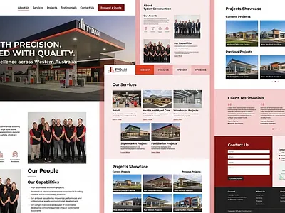 Tydan Construction Website UI UX Design architecture ui business website clean layout commercial building construction website corporate design elementor design landing page minimalist web modern ui portfolio design professional web project showcase red design responsive web ui design ux design web design webflow developer wordpress design