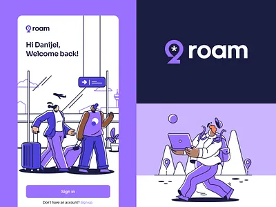 2Roam – eSIM App Brand Identity & UI appdesign brandidentity branding characterdesign digitalnomad esim fintech flatdesign graphicdesign illustration logodesign mobileapp onboarding purple telecom travelapp ui userinterface ux vector