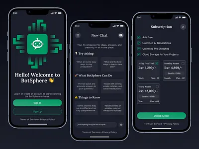 AI Chatbot Mobile App UI – BotSphere ai app ai assistant ai design app ui app ui design case study chatbot ui clean ui dark ui design interface design mobile design mobile ui modern design product design ui ui design uiux design ux ux design