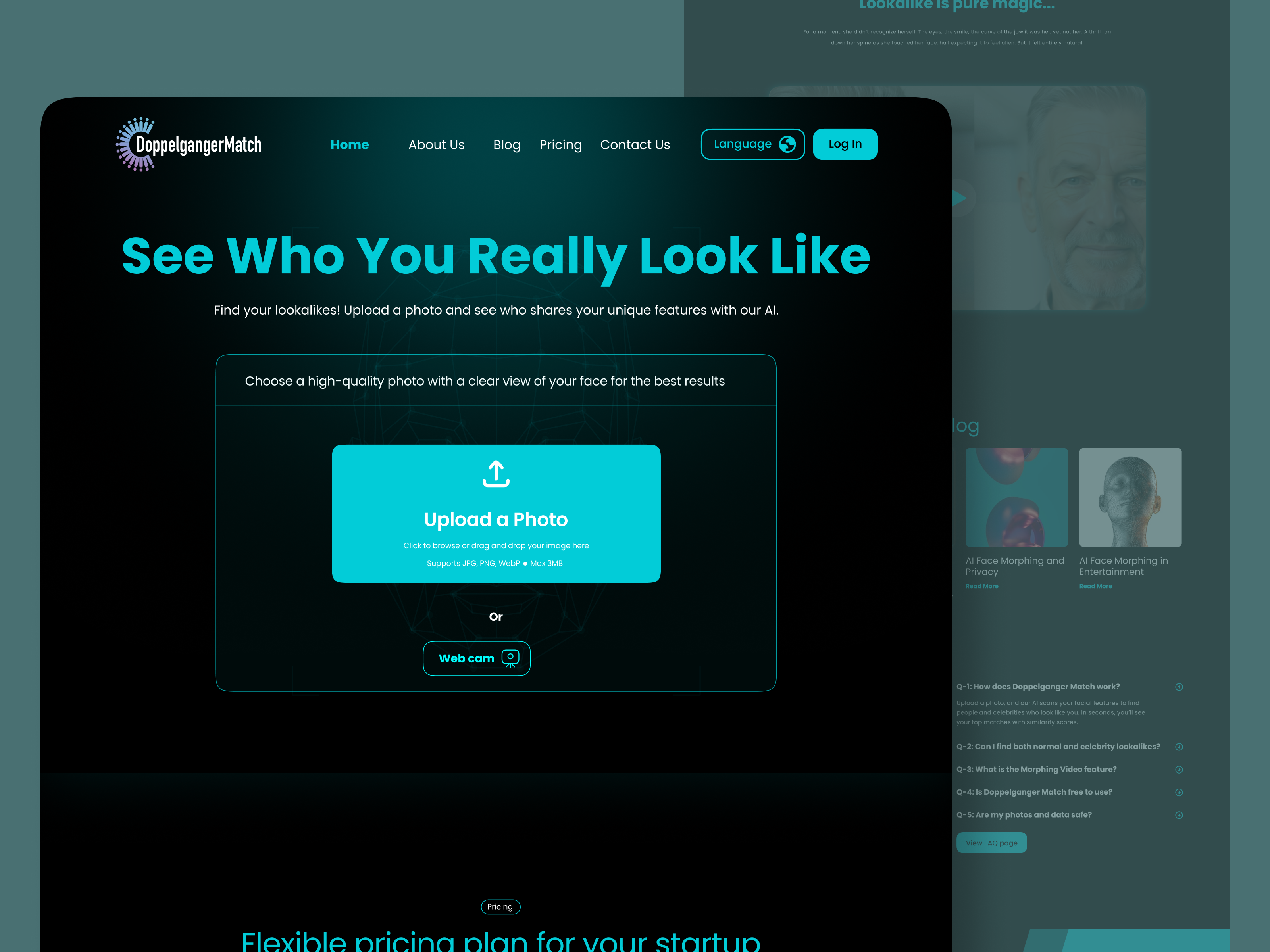 DoppelgangerMatch AI Face Matching & Morphing Platform 2025design aburayhan aburayhanux ai landing page dark mode ui design face match face match website face recognition figma futuristic ui landing page design modern ui morphing app. new website saas design uiux uxui web design website