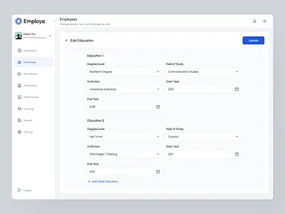 Employa — Edit Employee Education Page business management clean design design desktop employee employee management form hr hr management human resources minimal saas ui uidesign uiux ux uxdesign web design webpage website
