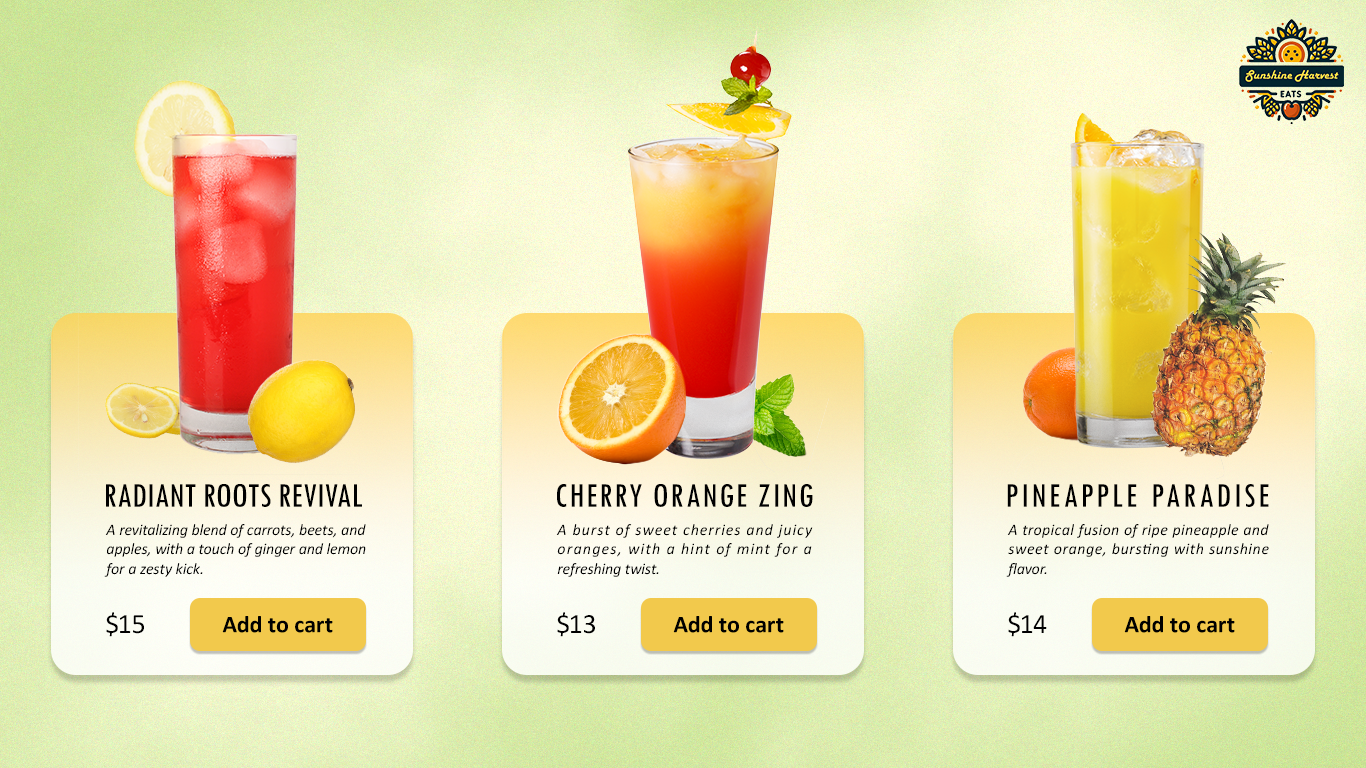 Website mini menu design for Shunshine Harvest Eats branding graphic design ui