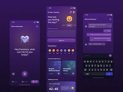 Calmness - Mental Health Tracker App anxiety app artificial intelligence chat clean conversation dark theme dashboard design happy home ios journey medical mental health mobile mood tracker ui ux