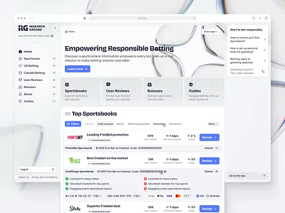 RG - Desktop Homepage UI Design article betting clean design feed gambling highlights homepage information light news publishing read research ground sports trending ui web website