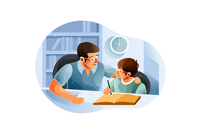 Boy studying with father at home lesson