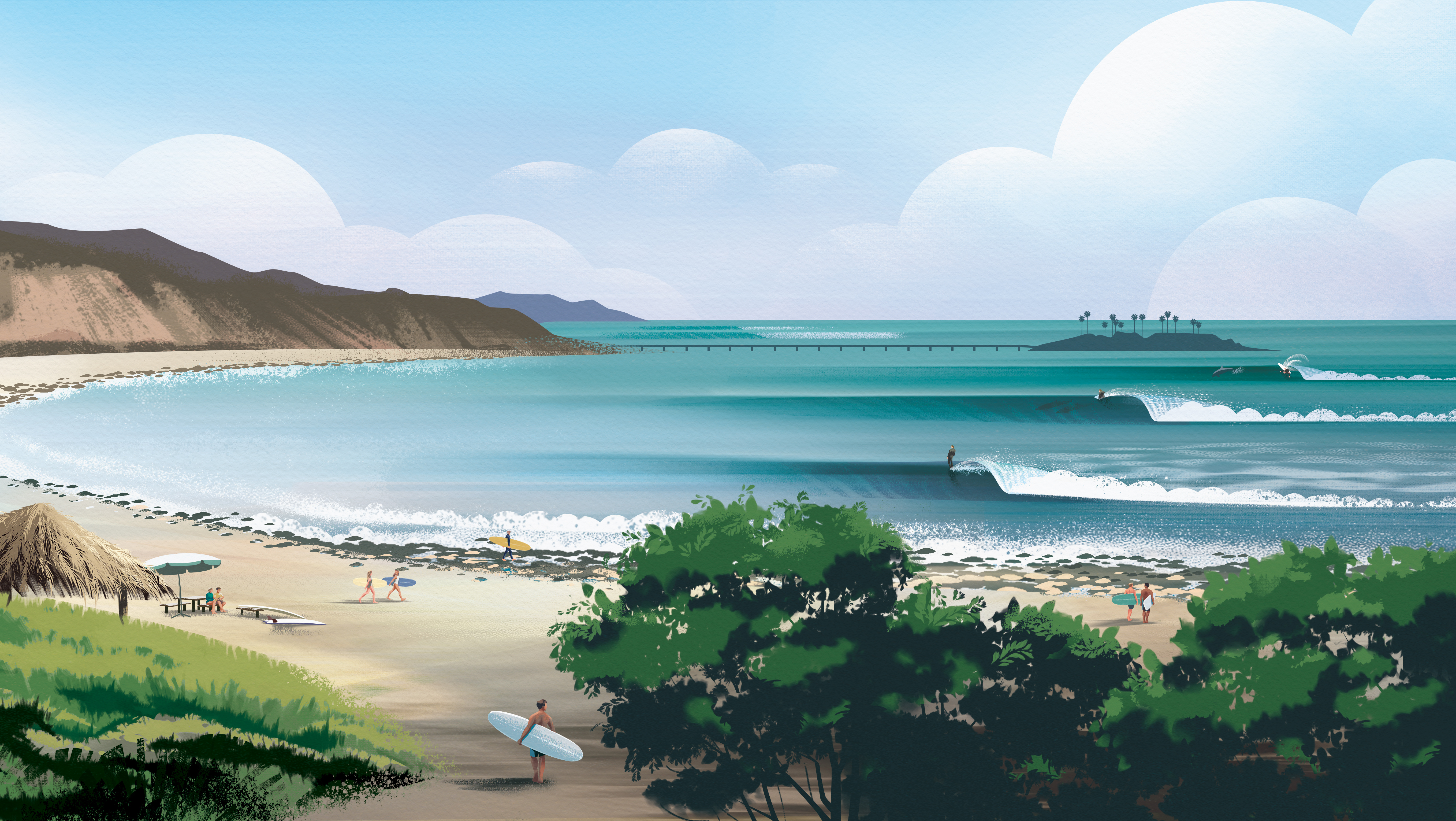 Rincon, CA beach california character colorful hiil illustration lifestyle ocean sand summer surfboard surfer surfing texture tree vacation wave