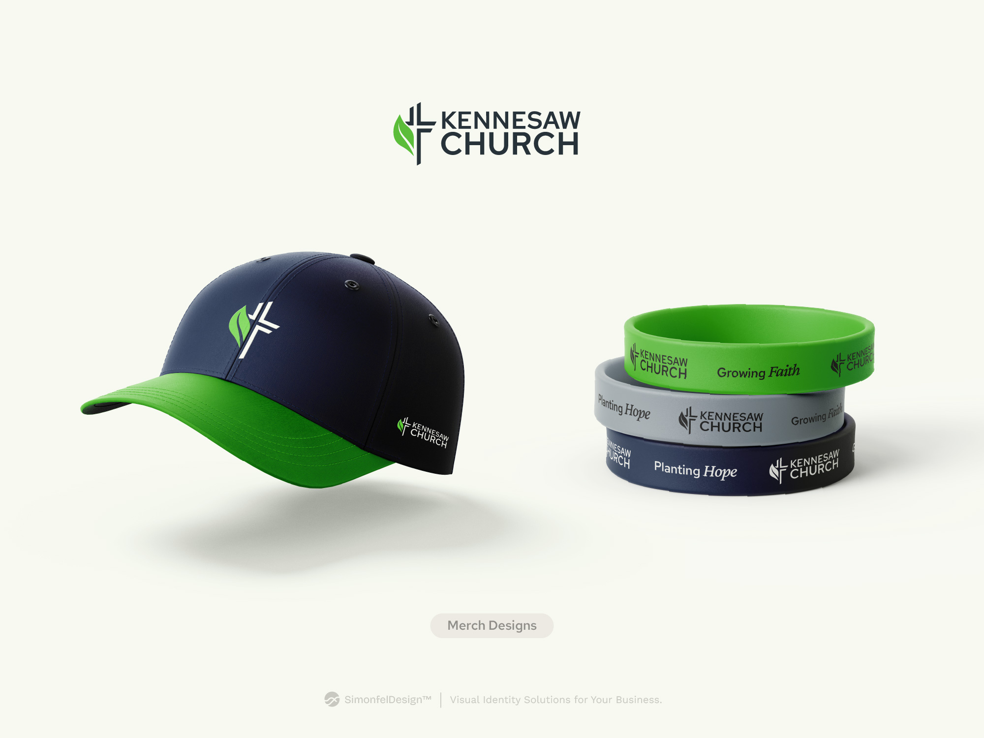 Merch Design for Modern Church Brand - Kennesaw Church baseball cap bracelet brand identity cap design church apparel church branding church design church logo church merch faith based design logo design modern church silicone wristband