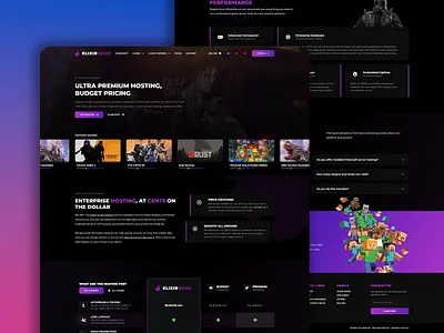 ElixirNode - Game Hosting Provider branding clean design dark theme development game server gaming ghost hosting modern design multi page node php pterodactyl purple responsive design ui design ux design web design website whmcs