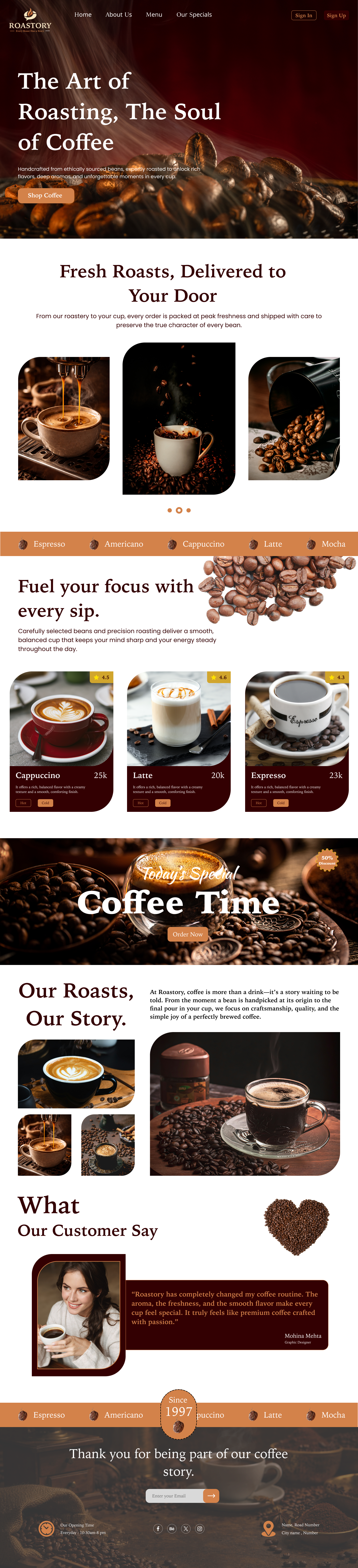 Roastory – Coffee Website Experience ☕ branding coffeeshop dribbble figma landingpage productdesign uidesign uiux webdesign website