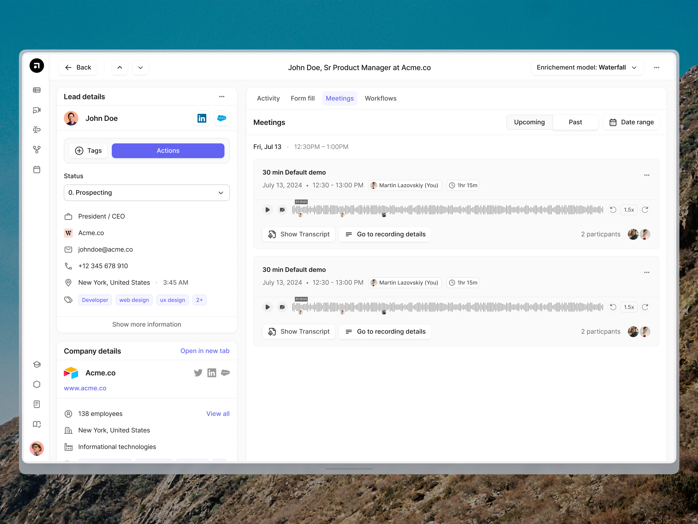 Default.com — Record detils (Meetings) agent ai apollo audio chat ai claude clay co pilot crm dashboard data datarecords system default details meetings pipeline record record details recordings ui