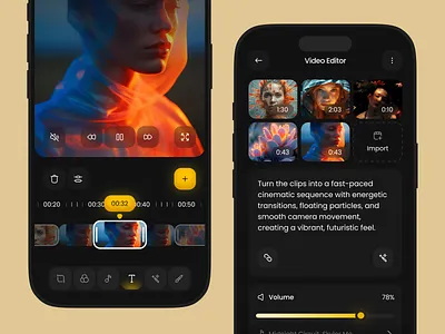Video Editing Mobile App Design 3d modelling content creator creative app creator tools dark ui digital content futuristic ios app mobile app design motion design product design social media app timeline editor ui design ux design video editor video production