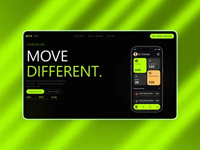 Motio - Fitness & Eco Tracking App UI 3d animation apps card design dark ui design fitness app graphic design health tech landing landing page mobile ui motion graphics ui