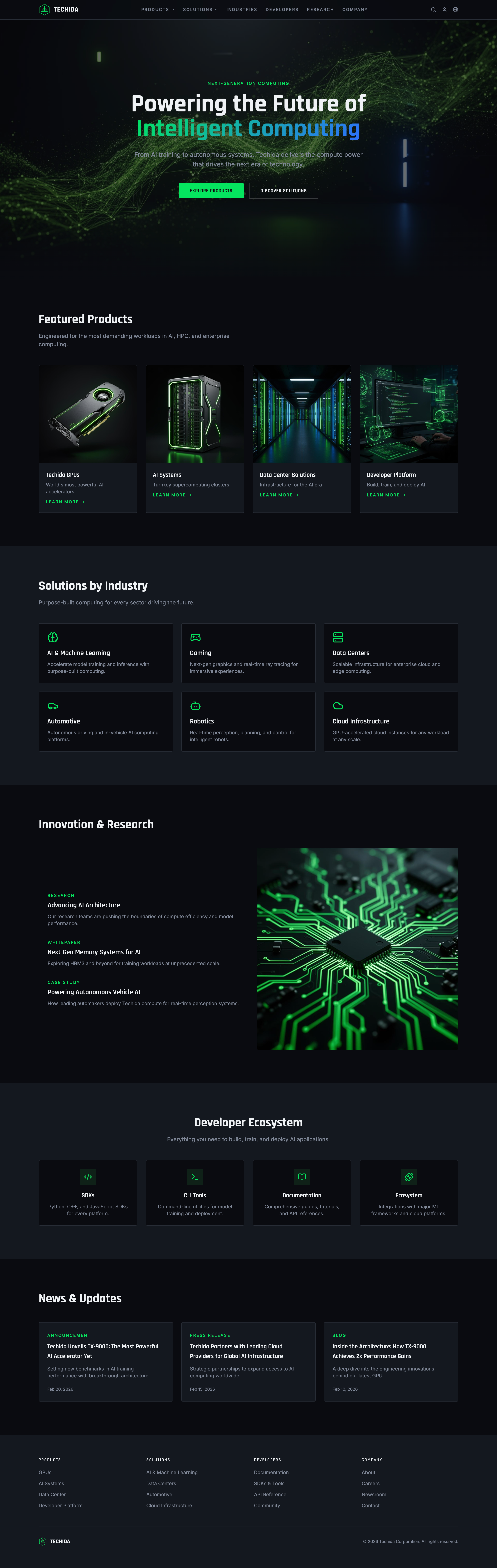 Techida — Powering the Future of Intelligent Computing ai corporate design framer futuristic landing page modern tech website ui ux webflow website website design website development wisdmlabs wordpress