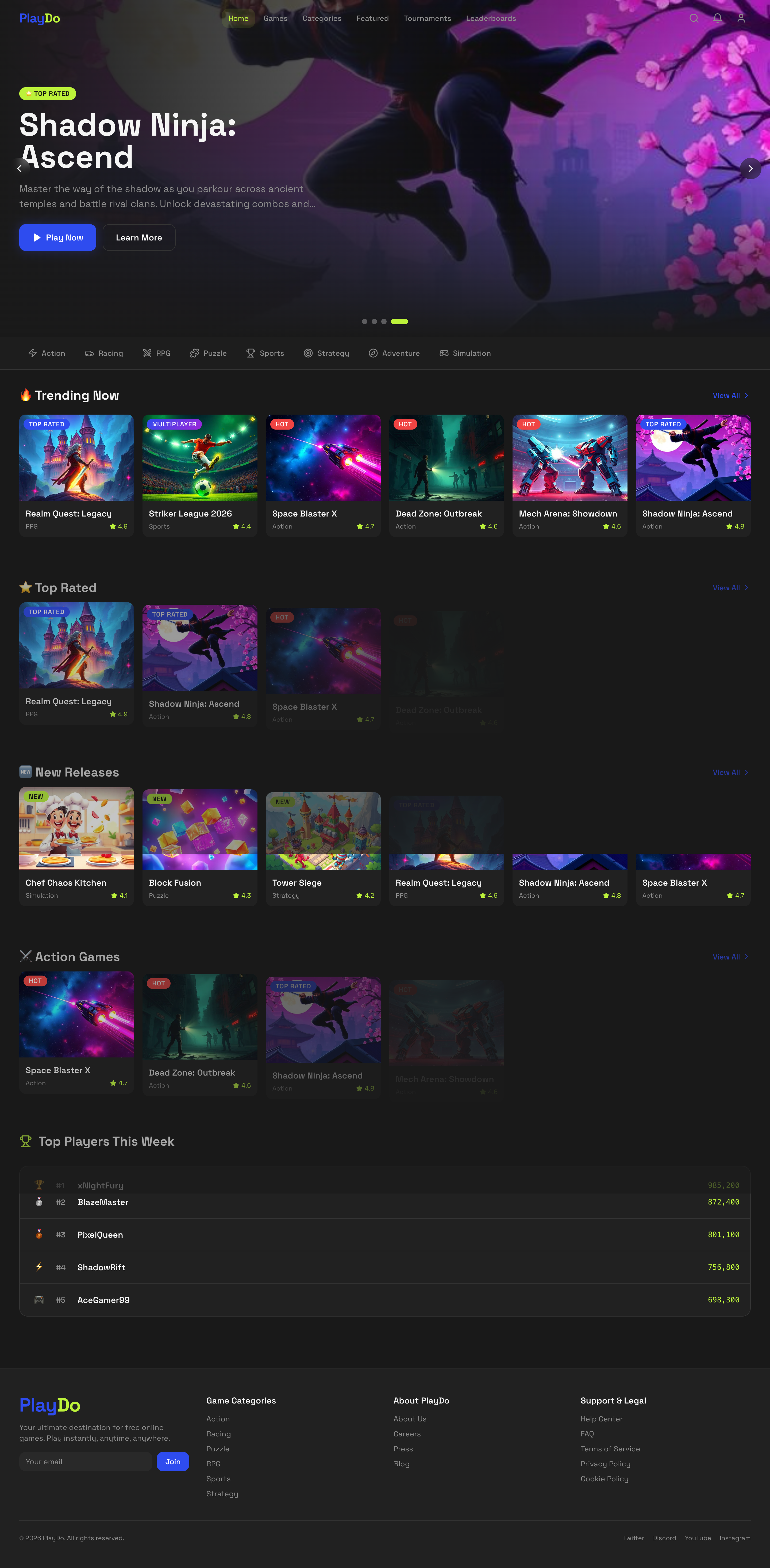 PlayDo — A Modern Platform for Game Discovery community corporate design framer gaming landing page leaderboard modern shopify ui ux website design website development wisdmlabs wordpress
