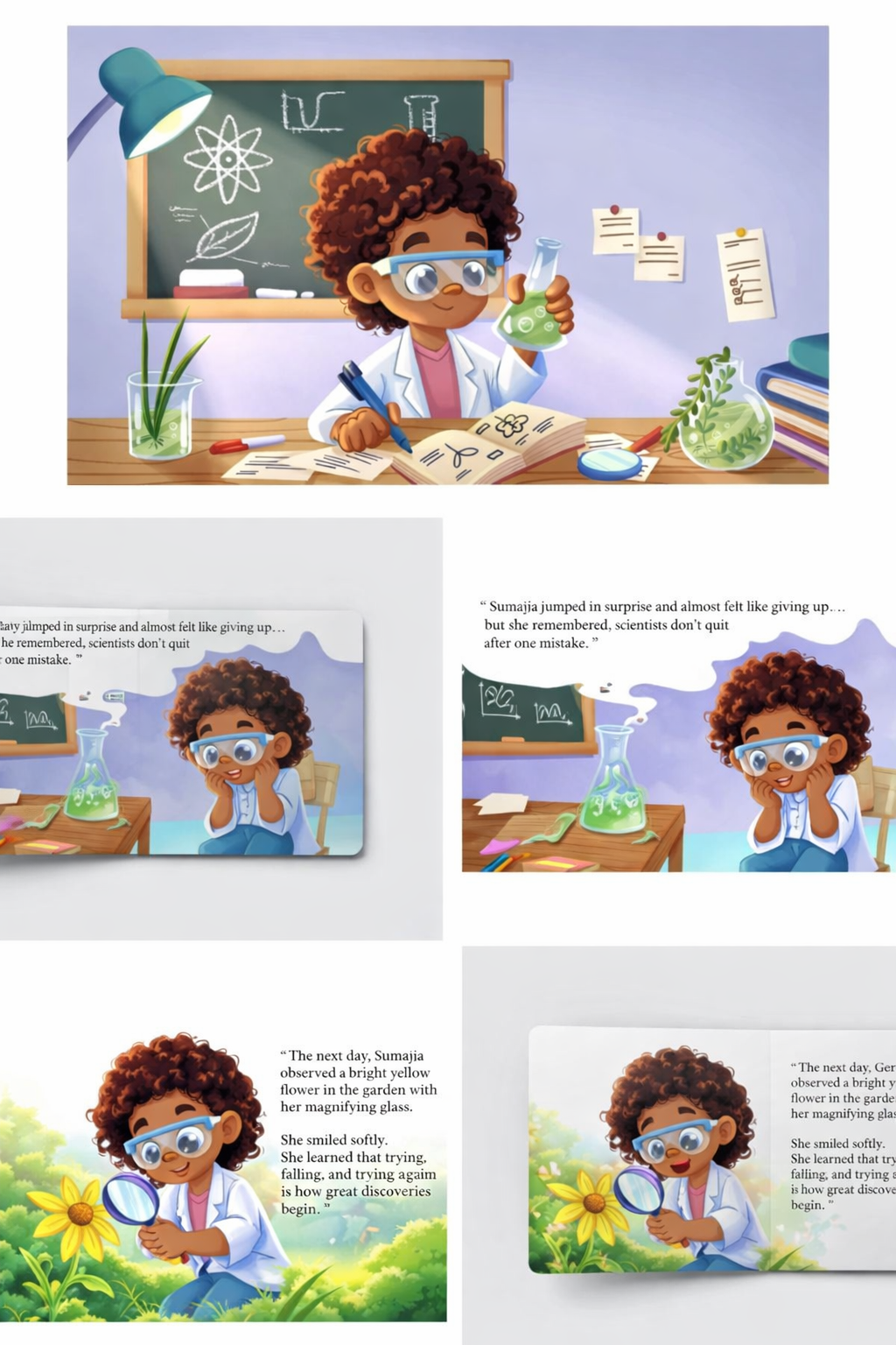 Little Scientist: The Art of Discovery character design childrens book illustration childrens publishing classroom scene cute girl character digital painting educational illustration kidlitart lab scene narrative storytelling nature discovery picture book artist resilient character science art scientist character stem for kids storybook art vibrant colors visual storytelling whimsical drawing