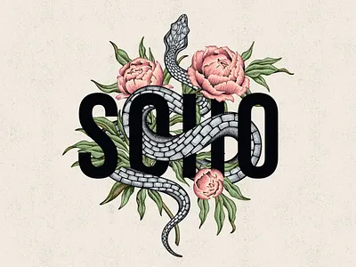 Illustrative, intricate logo for SOHO botanical design branding crosshatch detailed etching graphic design hand drawn illustration ink intricate details logo nature peony snake soho street style vector