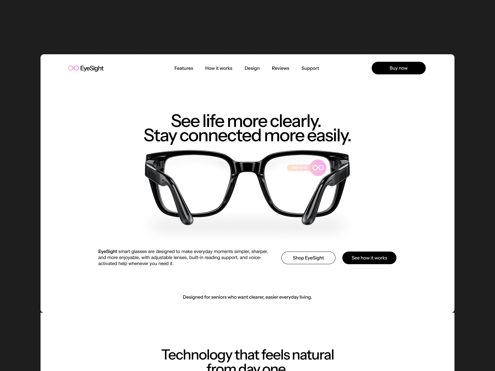 EyeSight AI Glasses - Hero Section ai glasses branding clean design cta ecommerce hero section homepage interface design landing page minimal design modern ui product design saas smart glasses startup tech ui design ux design web design website design