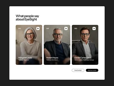 EyeSight AI Smart Glasses - Testimonial Section + Hover ai glasses card design clean design digital design interface design landing page landing page design minimal design modern ui premium design product design product showcase smart glasses social proof tech testimonial section ui design ux design web design website design