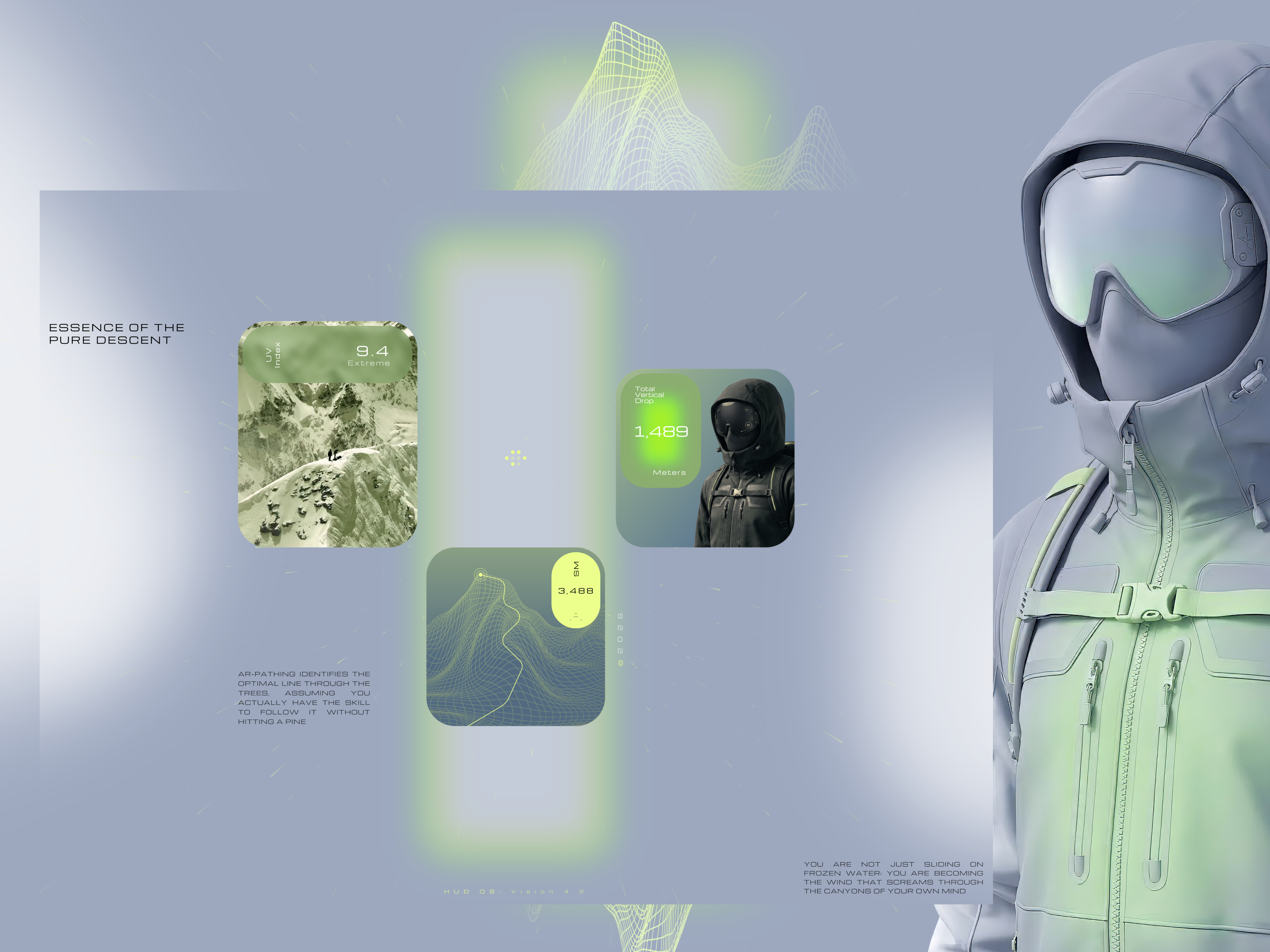 Spatial UI Cards - For the Riders animation ar branding design figma freelance motion graphics productdesign slixel snowboarding ui ux uxui webdesigner website