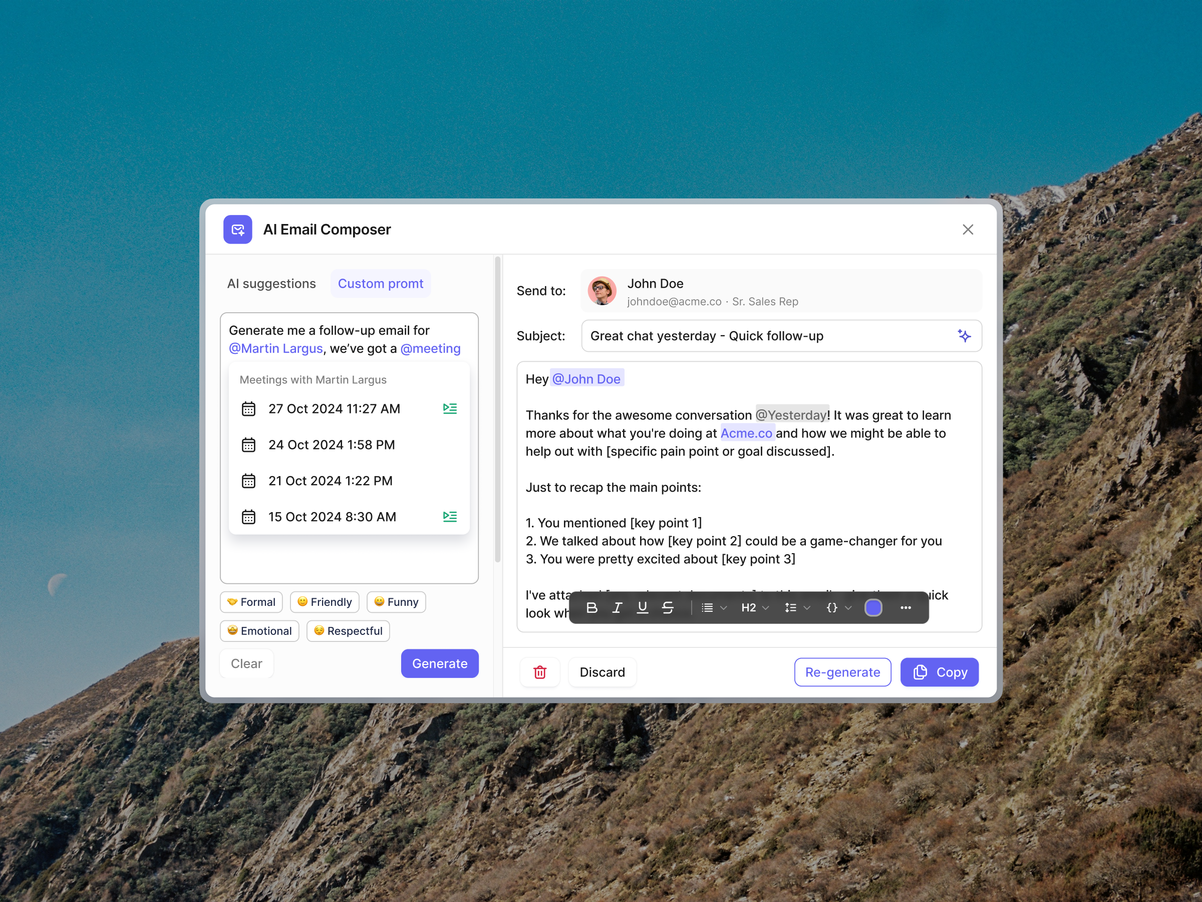 Default.com — Automated email composer with data references apollo clay composer dashboard data default detailed page details email email composer inline editing inline editor input modal record text formatting ui
