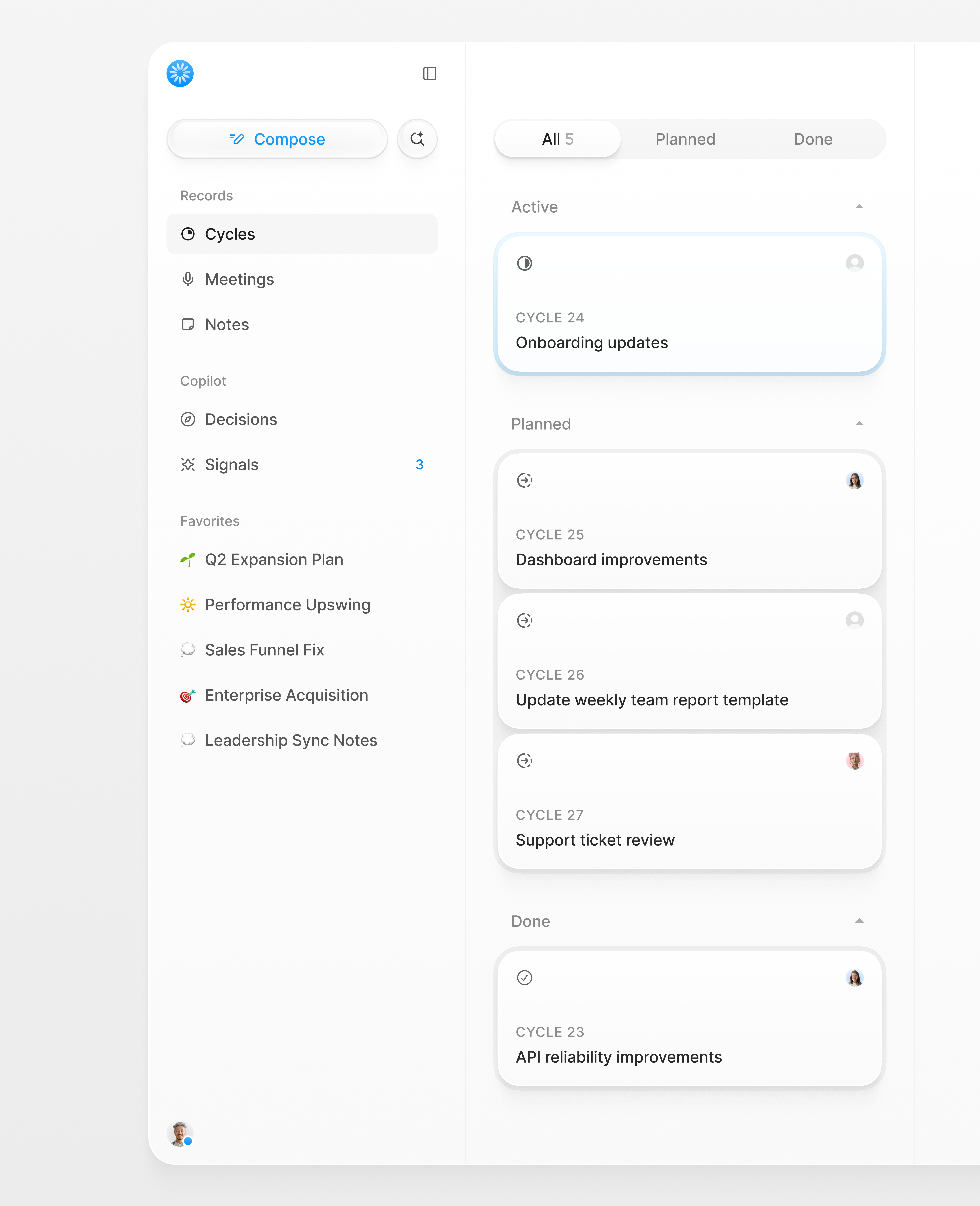 AI Workspace Dashboard — Cycles View ai dashboard glassmorphism product productivity saas sidebar tasks ui ux web app workspace
