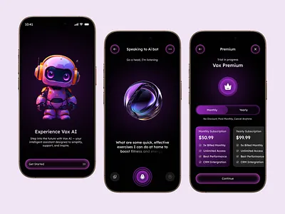 VoxAI – Smart AI Voice Assistant Mobile App UI Design 🤖📱 ai ai assistant ai chatbot ai voice assistant ai voice profile ai voice ui chatting conversational ai digital assistant futuristic ui mobile app mobile app design product design saas app smart assistant smart chat talk ai virtual assistant voice assistant app web