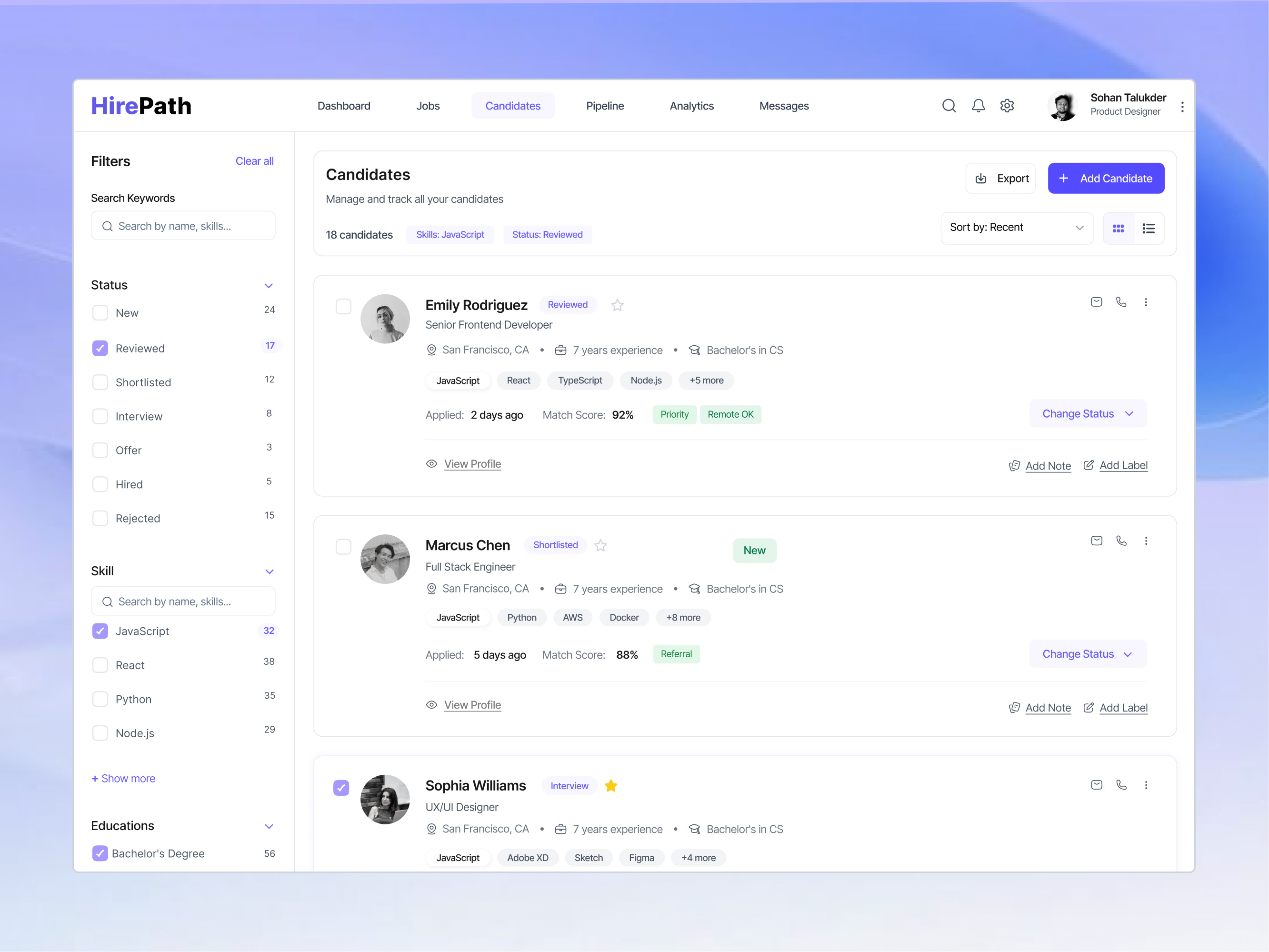 Applicant Tracking Software — Dashboard UI Design analytics applicant tracking system application tracking dashboard hiring platform job application job board job listing job seeker management system minimalist modern product design recruitment scholarship management software ui uiux design ux web