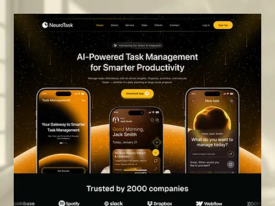 AI Task Management Website UI Design ai app design ai saas ai website app marketing website dark theme ui dashboard ui landing page design mobile app showcase productivity app saas website software platform startup websit task management tech website user interface web design web ui design workflow management