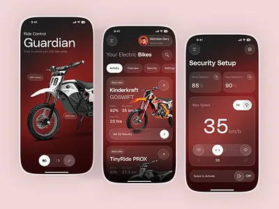Smart E-Bike Mobile App cycling dark mode ui e bike e bike controller e commerce electric bike app electric mobility glassmorphism ios iot iot mobile app mobile app ui parental control app product design rental security dashboard smart vehicle smart vehicle monitoring tracker tracking app ui
