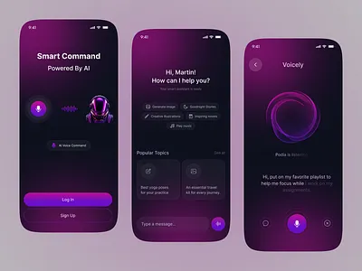 Voicely — AI Voice Assistant Mobile App UI Design 3d agentic ai ai agent ai app ai interface artificial intelligence assistant audio dark dashboard design mobile app smart assistant ui ux voice voice command voice waves