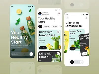 Wellness Drink Mobile UI – Clean & Modern Health App appdesign detox detox drink drinkapp foodapp health care health care app healthapp healthy ios mobile mobile app mobileapp mobileui productdesign uidesign uiux web wellness app wellnessapp