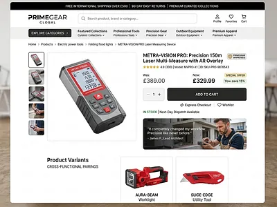 PrimeGear Industrial E-commerce Product Interface business solutions data driven e commerce figma industrial equipment interface design minimalist modern online store portfolio premium product page professional responsive shopping cart tech gear ui design user experience ux design web design