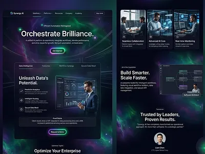 Synergy AI Nebula-Themed Enterprise SaaS Design automation platform b2b saas cloud computing creative layout dark mode data analytics enterprise ai figma high end interface landing page minimalist nebula theme premium responsive saas design ui design ux design web design workflow optimization