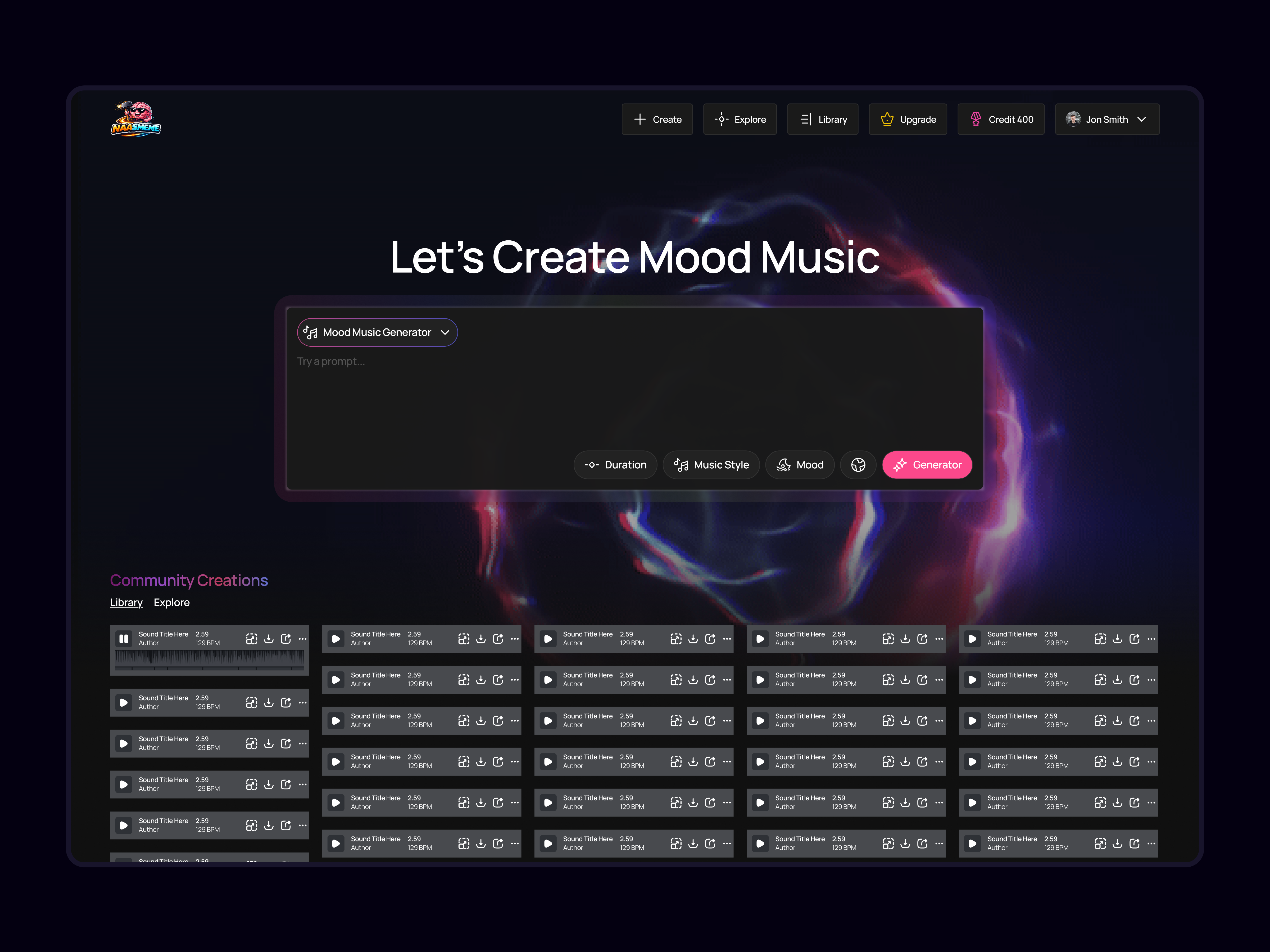 AI Meme & Music Generator UI Design ai app ui design ai content generator ai creator platform ui ai dashboard design ai generator ui ai meme generator ai music generator ui ai tool interface content creation dashboard creative saas platform dark dashboard ui dribbble dashboard design media generator ui meme generator app ui modern saas ui prompt based generator ui saas dashboard design ui ux design inspiration web app dashboard ui