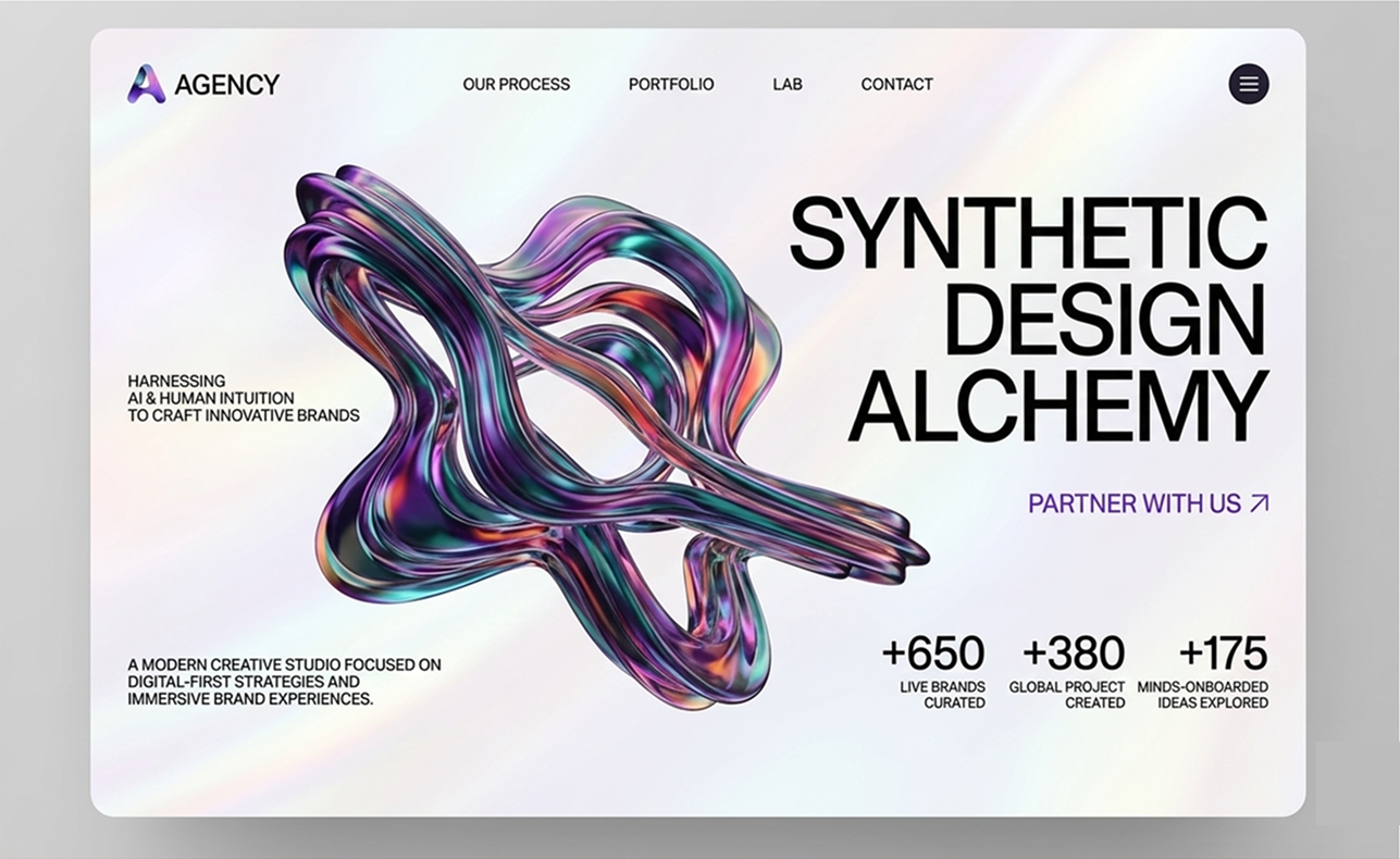 Synthetic Design Alchemy Creative Agency Hero Section avant garde branding creative agency dark mode digital studio figma hero section high end interface landing page minimalist modern neon aesthetic portfolio premium responsive ui design ux design visual identity web design