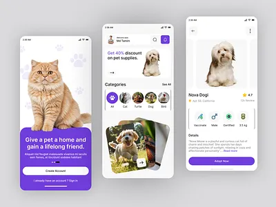 Pet Adoption Mobile App animal adoption app design app ui clean ui design inspiration figma design mobile app design mobile interface mobile ui modern ui pet adoption pet app pet care app pet marketplace product design ui design ui inspiration uiux designer ux design ux inspiration