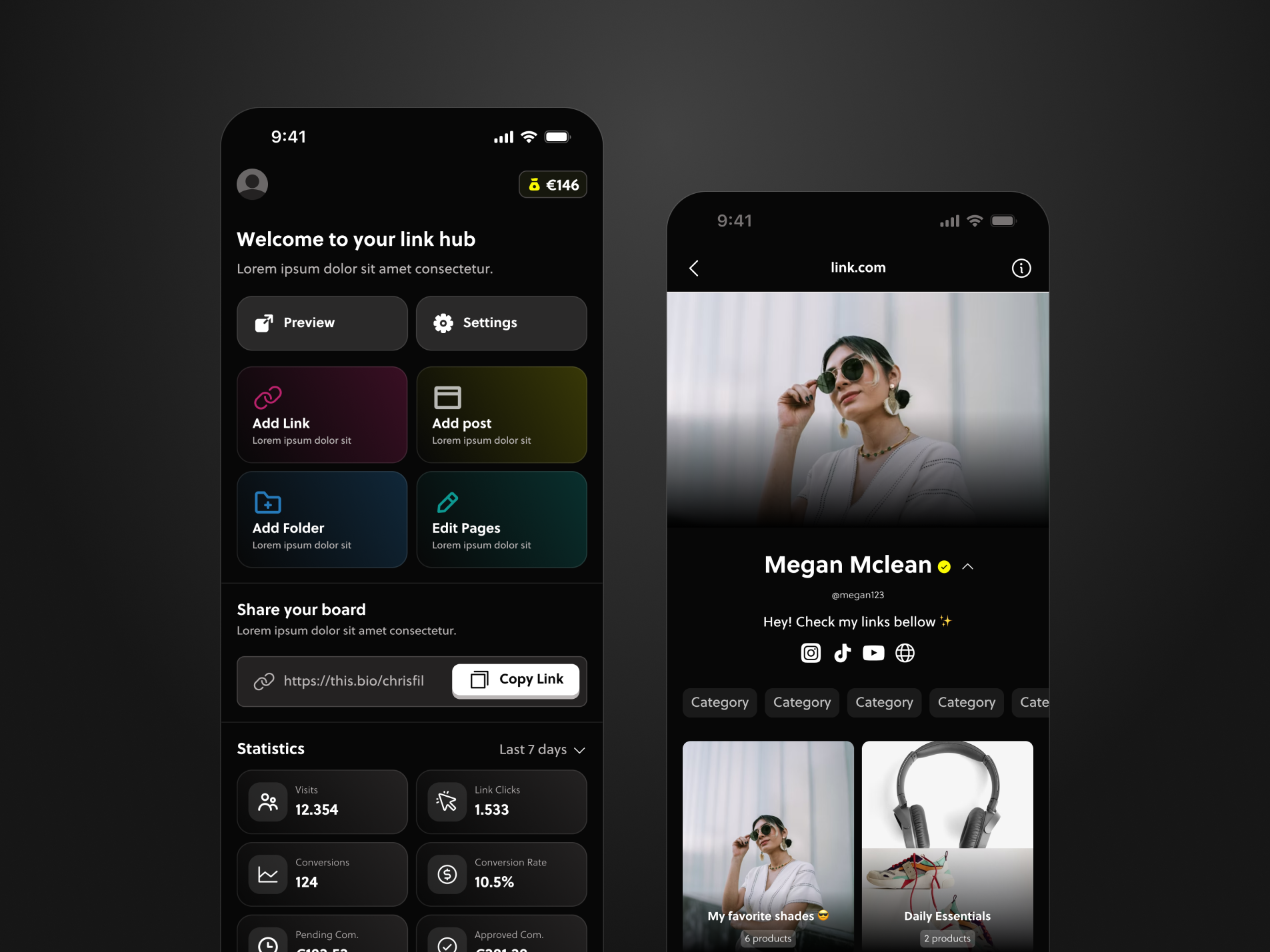 AI Affiliate Link Mobile Dashboard UI Design afilliate links cashback dark ui dashboard figma linktree product design profile rewards ui ux uxui
