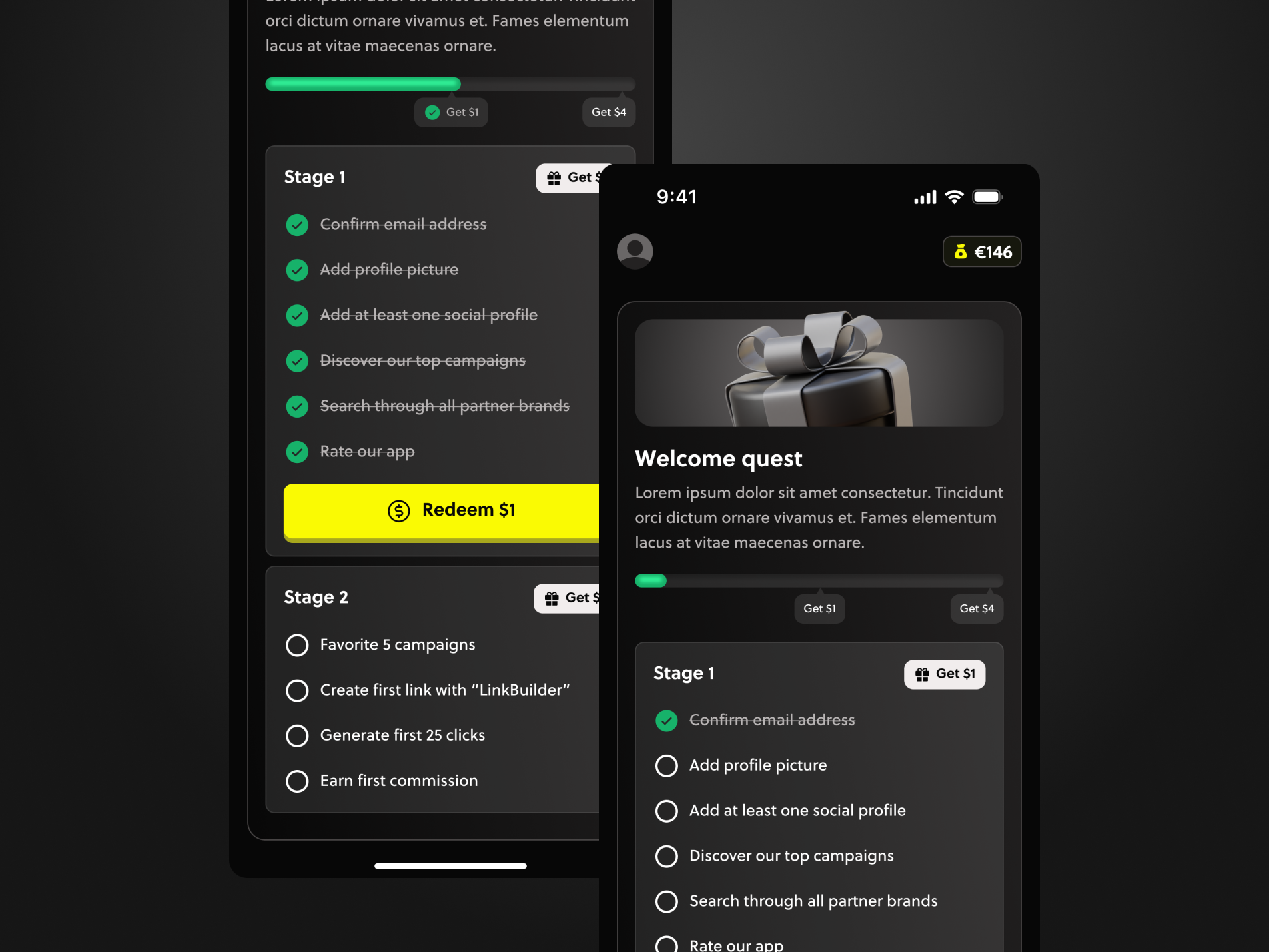 Affiliate Links Mobile App Homescreen Gamified Welcome Bonus UI affiliate links dark ui dashboard design system product design rewards ui uxui