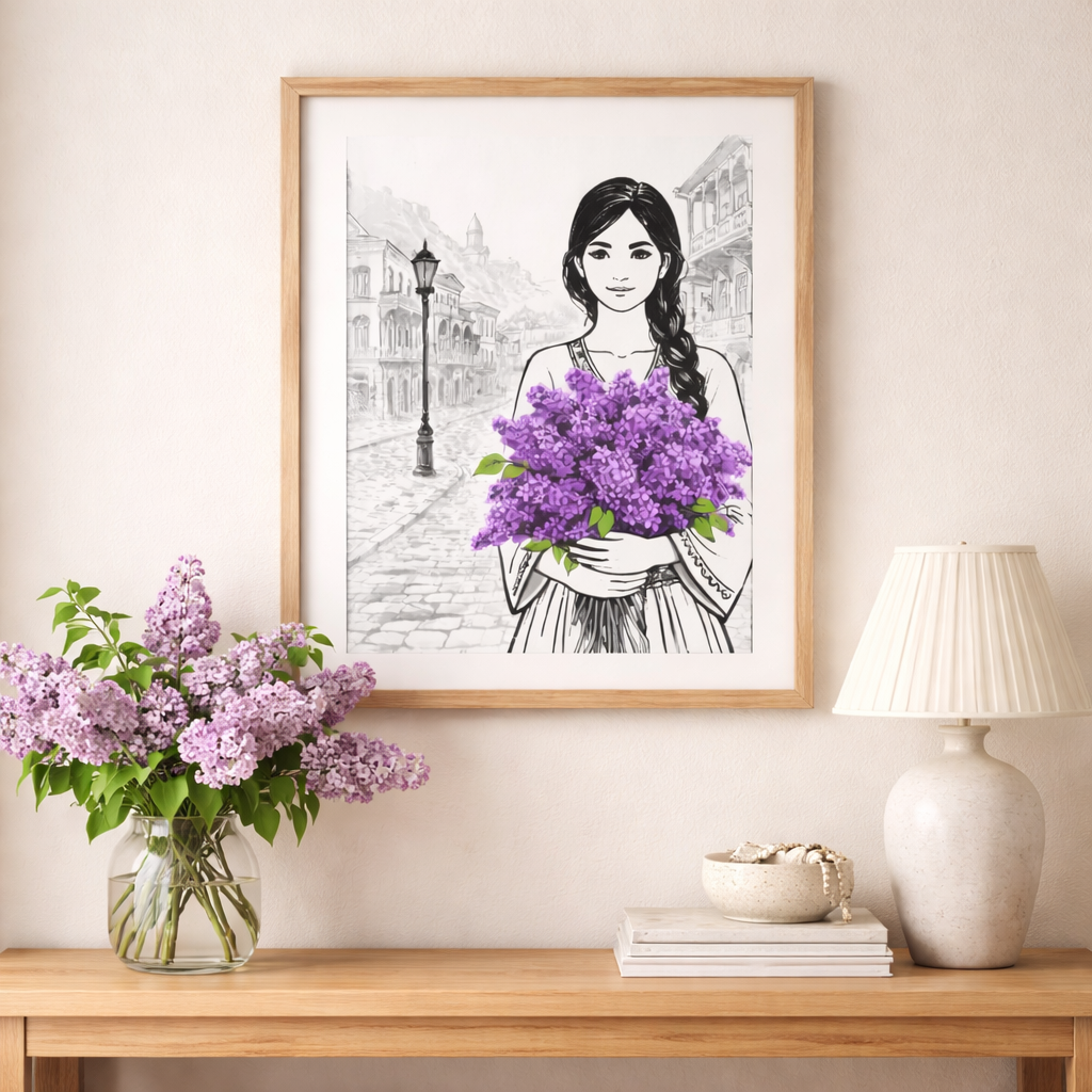 Tbilisi Line Art Print, Georgian Woman Lilac Flowers. aesthetic art art print character illustration digital illustration female illustration flower illustration graphic design home decor illustration interior poster lilac flowers line art minimal illustration minimal poster minimal style modern art poster design vector illustration wall art wall decor