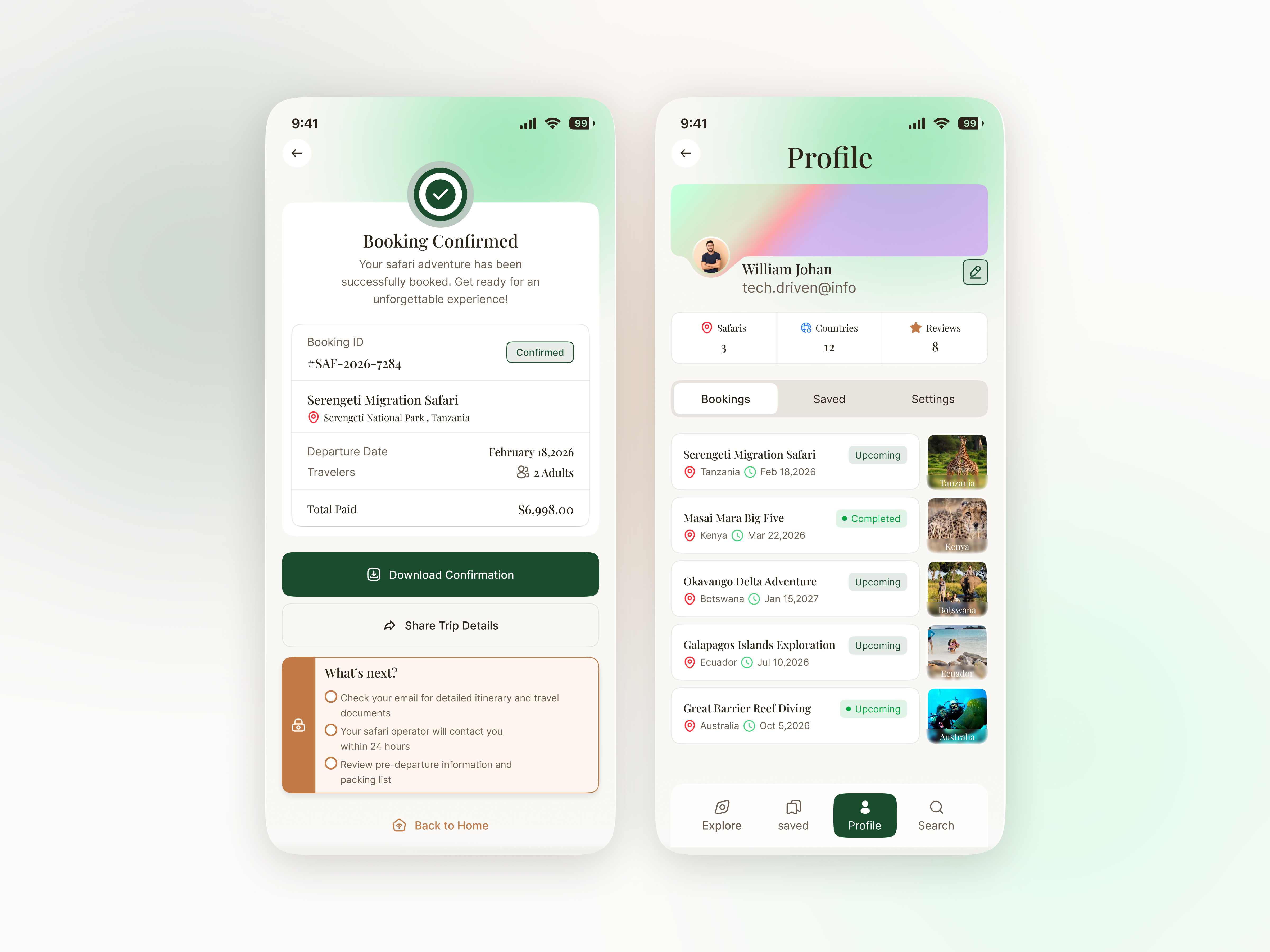 Premium Safari Booking Platform Mobile Apps app interface design booking experience booking success confirmation page digital product ui interaction design luxury travel app mobile app ui mobile ui design modern app ui product design profile dashboard profile page safari booking travel app design travel booking app user account page user profile ux ui design