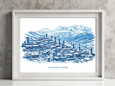 Svaneti, Georgia Illustration, Mountain Village Art Print. architecture drawing architecture illustration art print blue illustration city illustration city poster cityscape graphic design line art minimal illustration mountain landscape poster design travel illustration urban landscape urban sketch vector illustration wall art