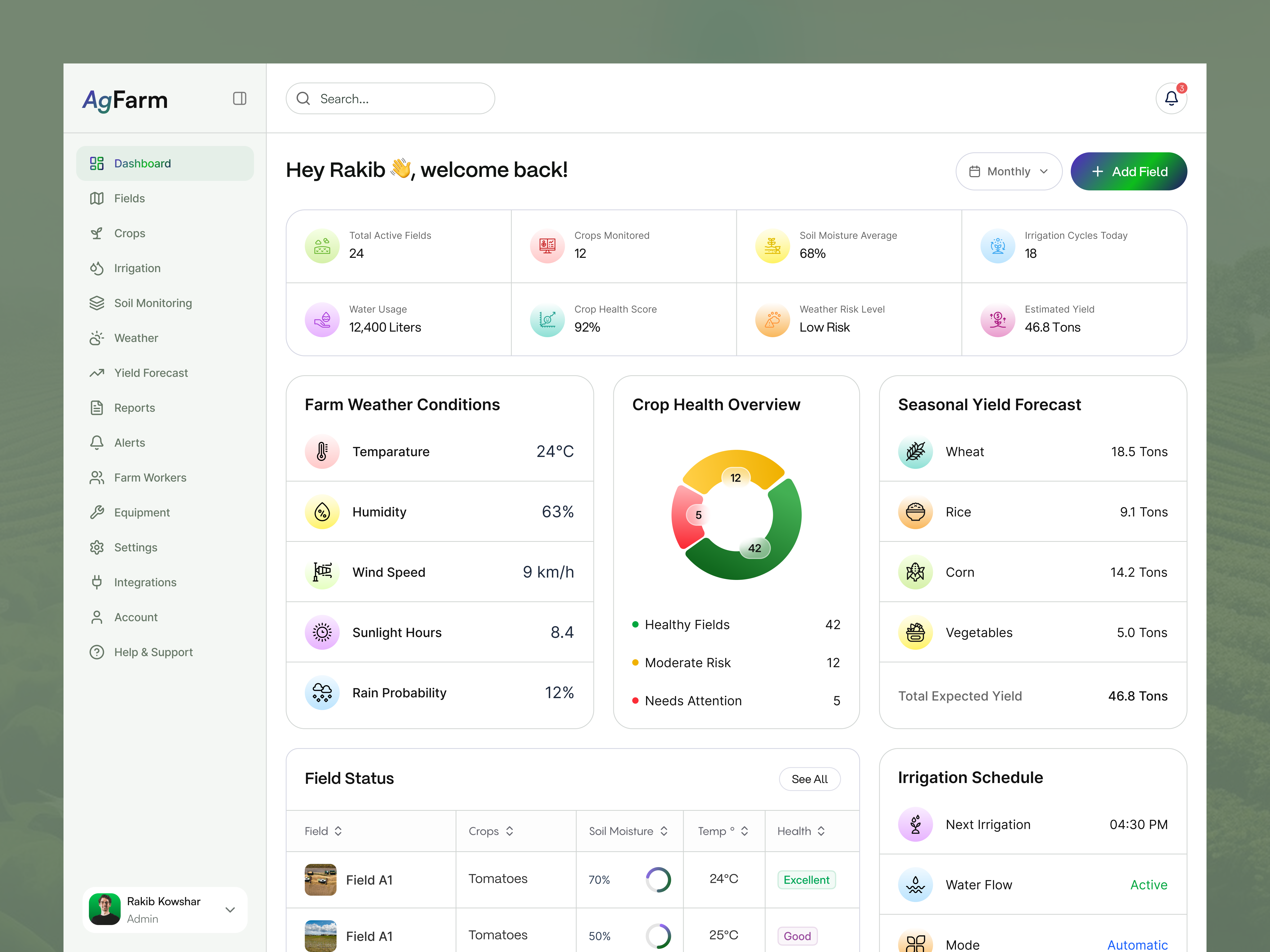 Smart Farming Dashboard agriculture agritech analytics dashboard clean ui dashboard data dashboard farm dashboard farm management farming green design modern dashboard saas saas dashboard saas ui smart farming ui ux web app web dashboard