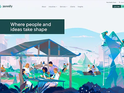 The illustration for the wonderful Zennify project (part 1) blue branding buildings character city design header healthy hero illustration illustration nature noise peoples plants team ui web