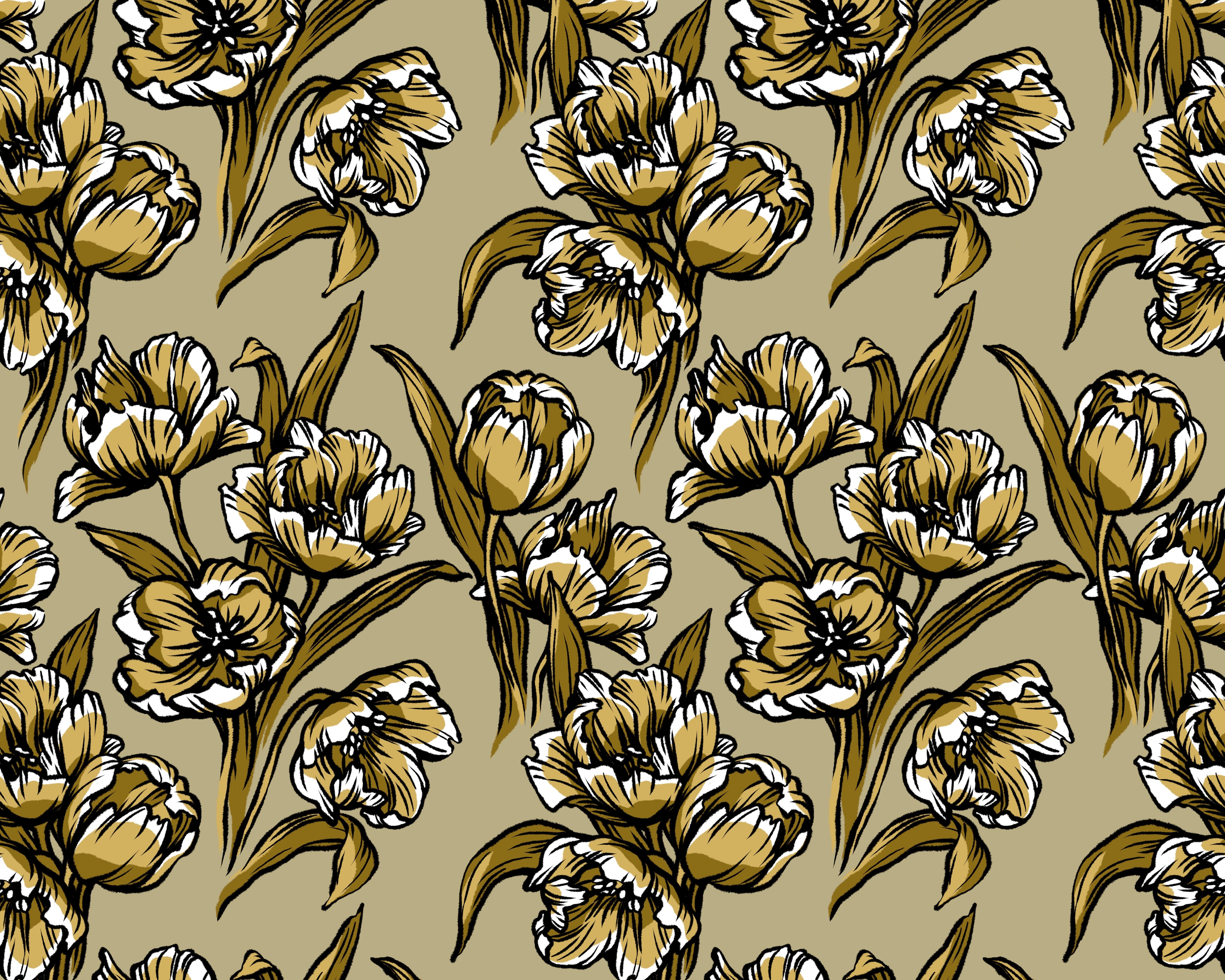 Graphic pattern of golden tulips